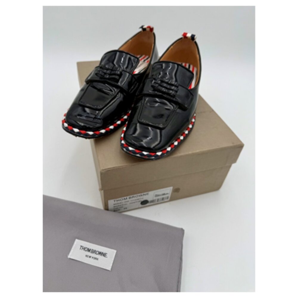Thom Browne Black Patent Leather Loafers with Red White and Blue Trim - Picture 8 of 9